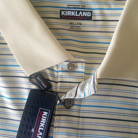 Kirkland Signature Men's Performance Polo Shirt Polyester Yellow W/Striped Blue - Picture 3 of 4